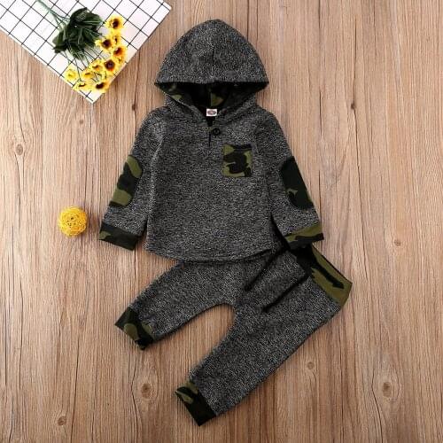 Pudcoco Newborn Baby Boy Clothes Solid Color Camouflage Print Long Sleeve Hooded Tops Long Pants 2Pcs Outfits Cotton Clothes Set