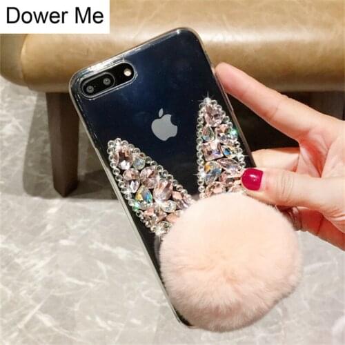 Luxury Fashion Bling Crystal Diamond Cute Ear Real Rabbit Fur Ball Soft Case Cover For Iphone 11 Pro XS Max XR X 8 7 6 6S Plus