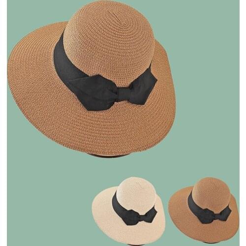 Simple Summer Beach Hat Female Casual Lady Women Flat Brim Bowknot Straw Cap Sun Hat Womens Wild Simple Foldable Trend Sun Hat