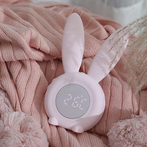 Cute Rabbit Timer Alarm Clock Sound And Light Control Night Light Temperature Calendar Rechargeable For Children Gift MUMR999