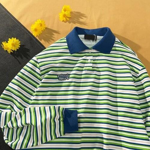 Vintage Green Striped POLO Shirt Sweatshirt Oversize Long Sleeve Tops 2021 Autumn New Harajuku Fashion Clothes for Teens Korean