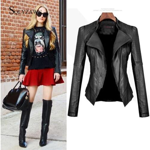 Women Autumn Winter Black Faux Leather Jackets Zipper Basic Coat Turn-down Collar Motor Biker Jacket With Belt plus 4XL