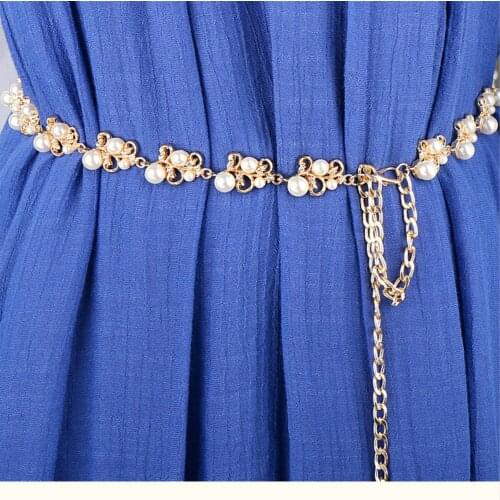 Pearls And Golden Leaves Flowers Women Belt Skirt Versatile Sweet Decoration Thin Waist Chain Metal Sweater Dress Accessories