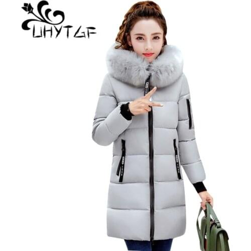 UHYTGF Women Winter Jacket With Fur collar Warm Down Cotton Hooded Coat Women Winter Basic Coat Plus size Long Parka Outwear 107
