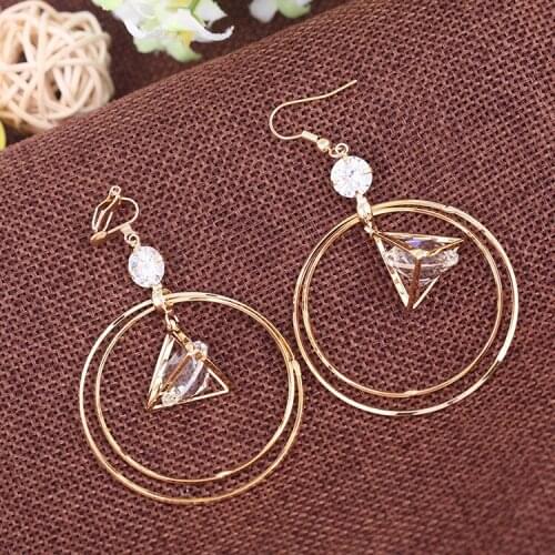 Grace Jun New Arrival CZ Crystal Large Double Circle Triangle Shape Clip on Earring Non Piercing for Women Statement Earrings