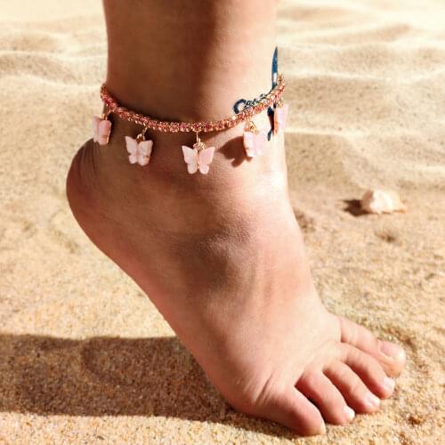 New Trendy Cutie Acrylic Butterfly Charms Pendant Anklet Bracelet For Women Pink Crystal Tennis Ankle Chain 2021 Summer Jewelry