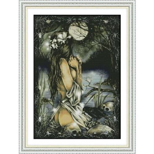 Women and The Full Moon Stamped Cross Stitch Kits 14CT 11CT Counted Printed Fabric,DMC Embroidery Kits DIY Handmade Needlework
