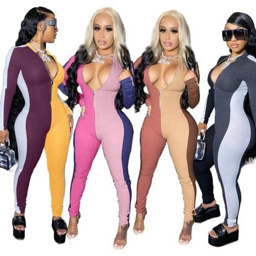 2021 new Women Ribbed Jumpsuits Long Sleeve Turtleneck High Elasticity Zippers Rib Bodysuit Print Raised