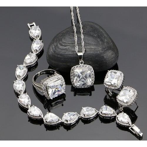 Beautifully Caucasian 925 Silver Jewelry Sets White Zircon Beads Jewelry Women Party Earrings/Ring/Pendant/Bracelet/Necklace Set