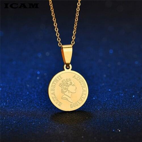 ICAM Fashion women coins small pendant Choker rolo Necklace 10 cent pound Elizabeth II Stainless steel round charms necklace