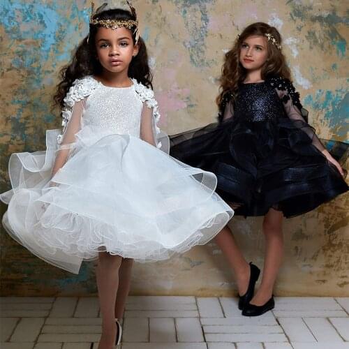 Ruffles Flower Girl Dress Long Sleeves O Neck Fowers Beading Sequin Tulle A Line Girl Party Gowns Pageant Dresses