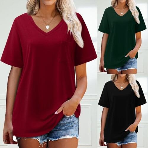 2021 Women Fashion Solid Color T-shirt Plus Size Print V Neck Short Sleeved Long T-shirt Blouse Casual Loose Tops S-2xl