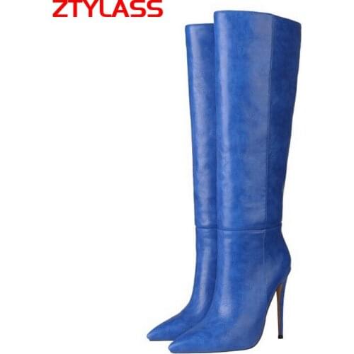 2021 Women High Quality PU Leather Fashion Knee High Boots Sexy Thin High Heel Long Boots Ladies Pointed Toe Autumn Winter Shoes