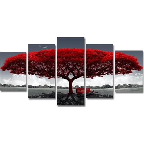 5 Pieces Red Tree Art Scenery Landscape Paintings Framework PENGDAModular Canvas HD Prints Posters Home Decor Wall Art Pictures