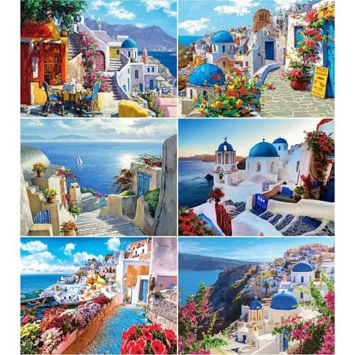 AZQSD Diamond Painting Town Santorini Mosaic Decor For Home Diamond Embroidery Sale Landscape Full Square Drill Needlework