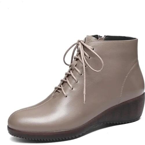 2022 Fashion Womens Moto Boots Autumn Round Toe Ladies Genuine Leather Shoes Plush Lace Up Ankle Boots