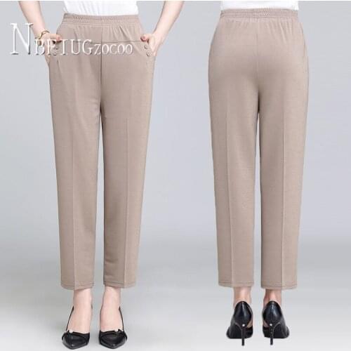 Black And Khaki Color Women Pants Elastic Waist Pocket Straight Female Trousers