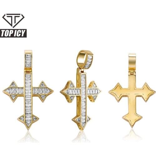 Hip hop iced out 18k gold plated diamond brass zircon cross pendant chain necklace sets religious christian jewelry