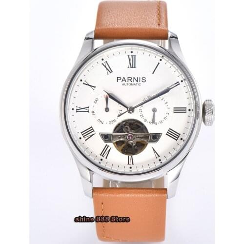 43mm PARNIS white dial sea-gull 2502 automatic mens watch date week flywheel function
