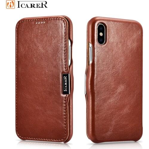 Icarer Genuine Leather Case for iPhone 12 Mini 11 Pro Max 6 7 8 Plus X XR XS Magnetic Closure Luxury Retro Slim Flip Phone Cover