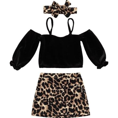1-6Y Toddler Kids Baby Girl Off Shoulder Long Sleeve Strap Tops Leopard A-line Skirt Headband 3PCS Outfits Autumn Clothes Set