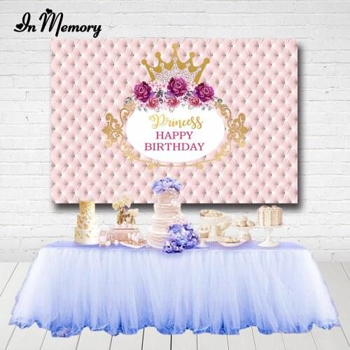 InMemory Pink Flowers Girls Birthday Party Photography Backgrounds Crown Gold Frame Upholstered Headboard Backdrop Decorations