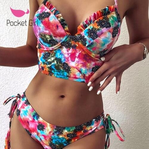 Pocket Girl 2020 Female Dyed Printed Bikini Women Split Swimsuit Cross Striped Femmes Maillot De Bain Sexy Plage Porter Biquini