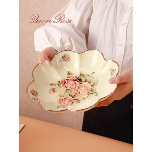 9.3 inch Ceramic Lotus plate Vegetable dish dessert dish gilt edged tableware bowl Rose printing