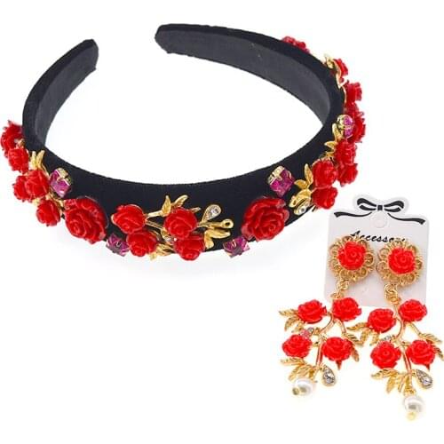 Classical hairband+earring fashion retro red flowers Bridal Accessories Luxurious delicate cross fashion hair band hair jewelry