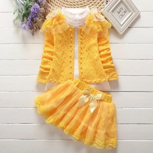 Lace 3 Pieces Girl Sets Autumn New Solid Beaded Knitted Flower Coats Children Clothing Suits Top Quality