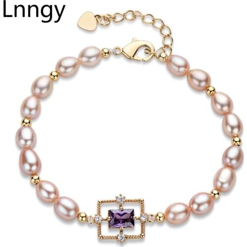 Lnngy 14K Gold Filled Chain Bracelet Natural Freshwater 5-6mm Oval Pearls Star Bracelet Women Charm Pink Purple Chain Jewelry