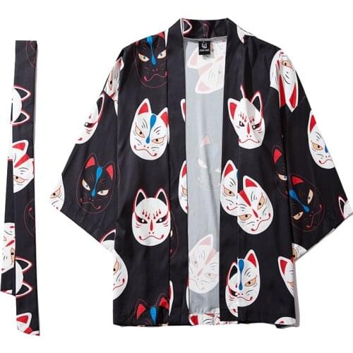 Men Fashion Cartoon cat Japanese Half sleeve Kimono Jackets Harajuku Streetwear Hip hop Bathrobe Cardigan Outerwear With belt