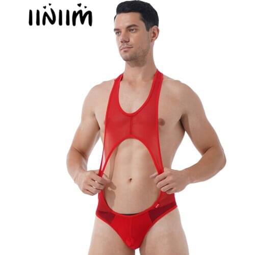 Mens Lingerie See-through Mesh Bodysuit Underwear Hollow Out Sleeveless Fitness Leotard Bulge Pouch Skinny Wrestling Singlet
