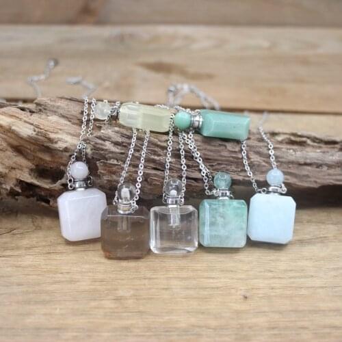Natural Aquamarines Square Essential Oil Vial Pendants Necklaces Healing Quartz Aventurine Perfume Bottle Charm Jewelry QC1089