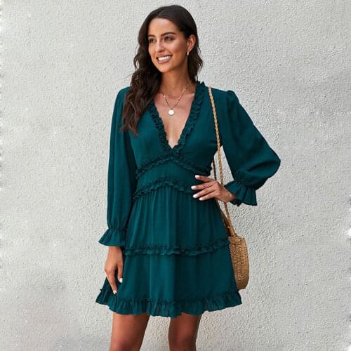 New Women Dress Summer 2021 Fashion Sexy Backless Deep V-Neck Long Sleeve Edible Tree Fungus Slim A-Line Dress