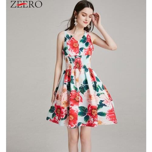 Summer Floral Tank Dress Women Elegant V-Neck Flower Print Elastic Waist Holiday Beach Mini Dress Patchwork Vestidos De Mujer