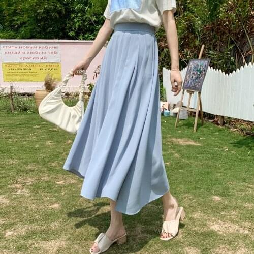 Casual Solid Women A-line Long Skirts Summer Elegant Elastic Sash High Waist Skirt Female Holiday Beach Bottoms Vestidos