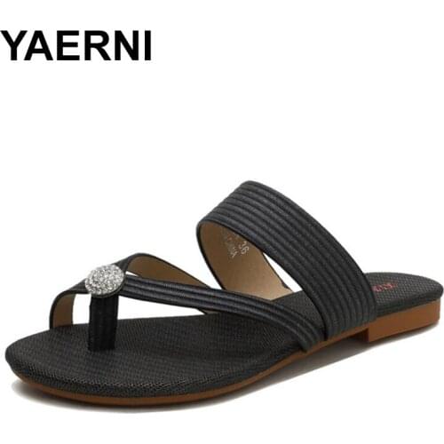 YAERNI Summer Sandals Women Flat Heel Shoes Fashion Ladies Soft Leather Flip Flops Female Slippers Large Plus Size 36-42