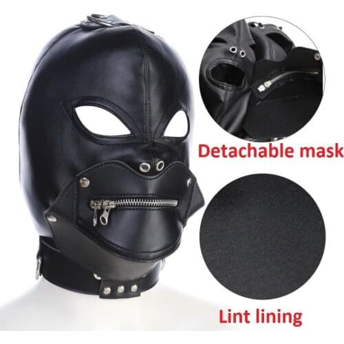 Detachable Zip Lock Mask Bondage Hood Soft Leather Collar Halloween Headgear Face Mask Adult Bdsm Sex Toy Bed Games Set