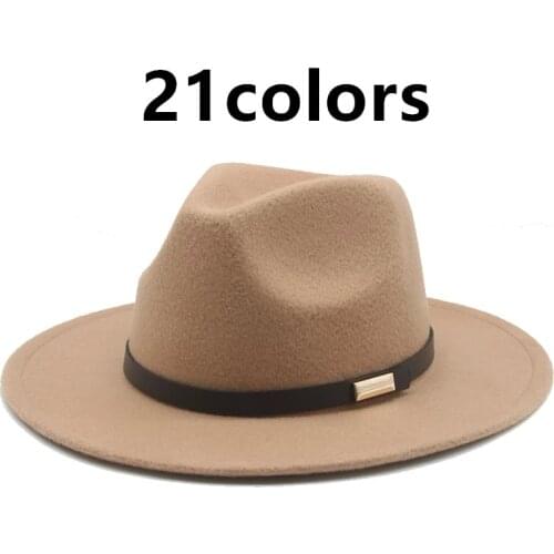 Fedora hats women men autumn winter solid wide brim women hats with band belt classic british style wedding church winter hats