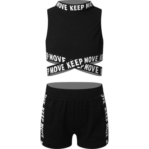 2Pcs Kids Girls Sport Suit Sleeveless Letters Printed Cropped Vest Tops and Shorts Set for Running Exercise Gym Workout Sports