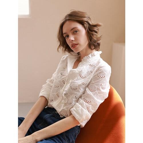 Embroidery Chic Blouse Women Rufflled Neck Long Sleeve Button Hollow Out Shirts Spring Vintage Retro vêtements femme 2021