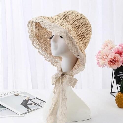Seioum Fashion Women Summer Wide Brim Sun Hat Handmade Lace Ribbon Bow Straw Hats Collapsible Womens Girl Seaside Beach Cap