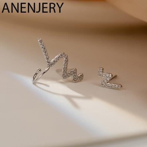 ANENJERY 925 Sterling Silver Asymmetrical Zircon Heartbeat Curves Earrings For Women Earrings Gift S-E06