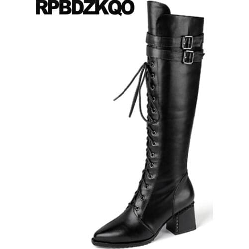 Vintage 10 Tall Brand Women Winter Boots Genuine Leather Long Big Size Shoes Rivet Black Stud Chunky Pointed Toe High Heel Knee