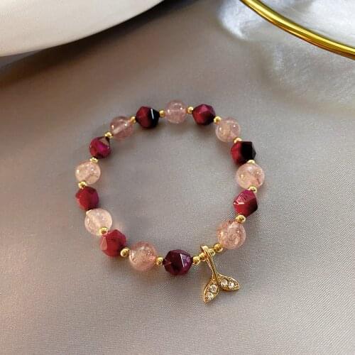 Sweet Mermaid Tail Natural Strawberry Crystal Tigers Eye Stone Beads Beaded Copper Female Women Bracelet Fashion Jewelry YBR326