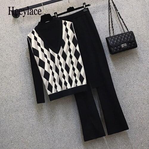 Plus Size Women Suit 2020 Autumn Winter solid knitted Sweater+Vest +Pants sets korean good quality sets for women fashion outfit
