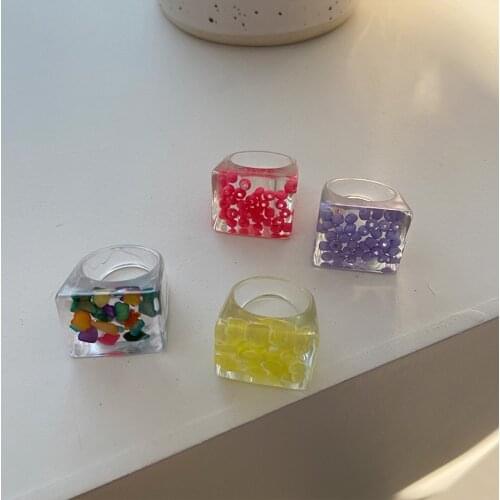 AOMU Korea Transparent Resin Acrylic Colorful Bead Ring Irregular Geometric Square Rings for Women Gifts Summer Fashion Jewelry