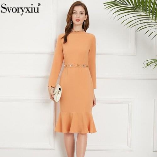 Svoryxiu Autumn Fashion Woman Elegant Knee-Length Dress O-Neck Crystal Diamond Slim Party Prom Ruffles Hem Solid A-Line Dresses