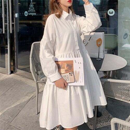 GOOHOJIO New 2020 Women Summer Shirt Dresses Casual Loose High Waist Fashionable Irregular Pleated Wild White Dress One Size